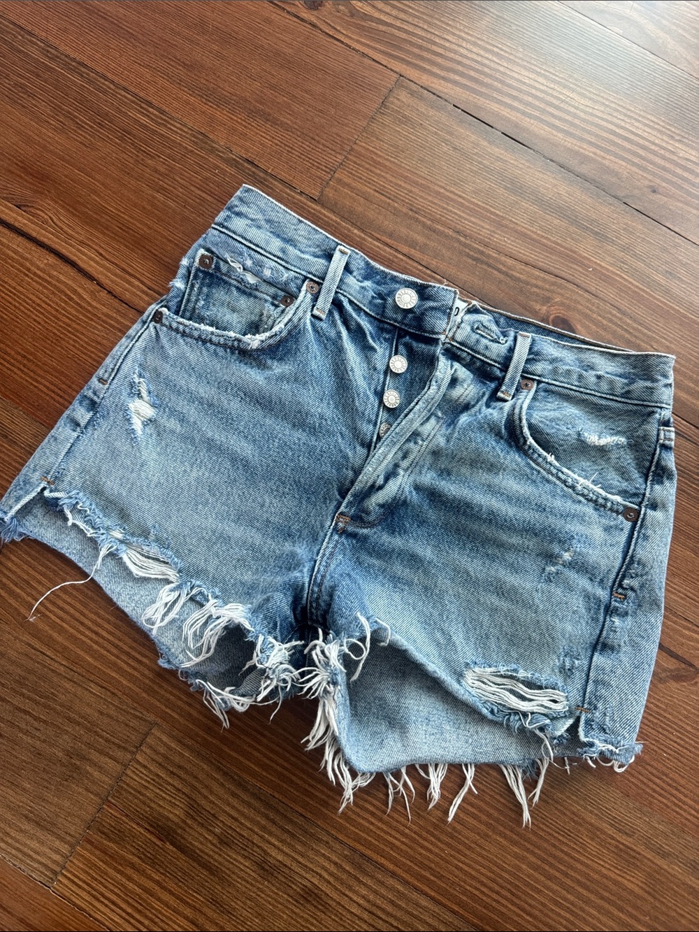 Agolde Light Blue Distressed High-Rise Denim Shorts